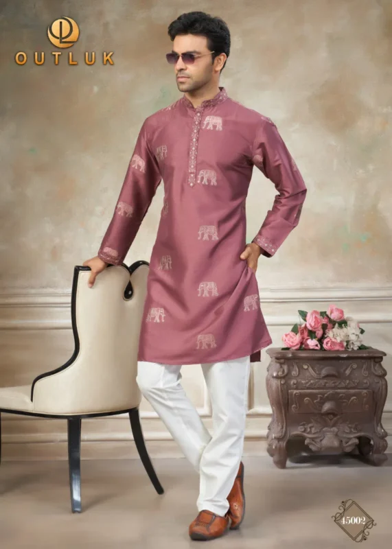 Latest Outluk Wedding 45 Silk Embroidery Worked Kurta And Pajama Collection Wholesale 2026
