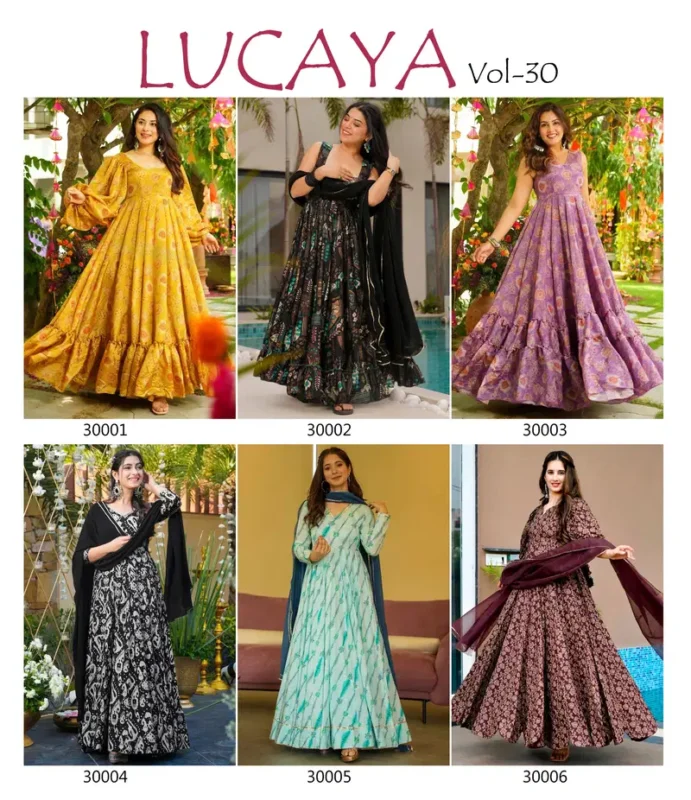 Latest Lucaya Vol 30 Air Tex Chinon With Digital Printed Flared Gown Collection Wholesale 2026