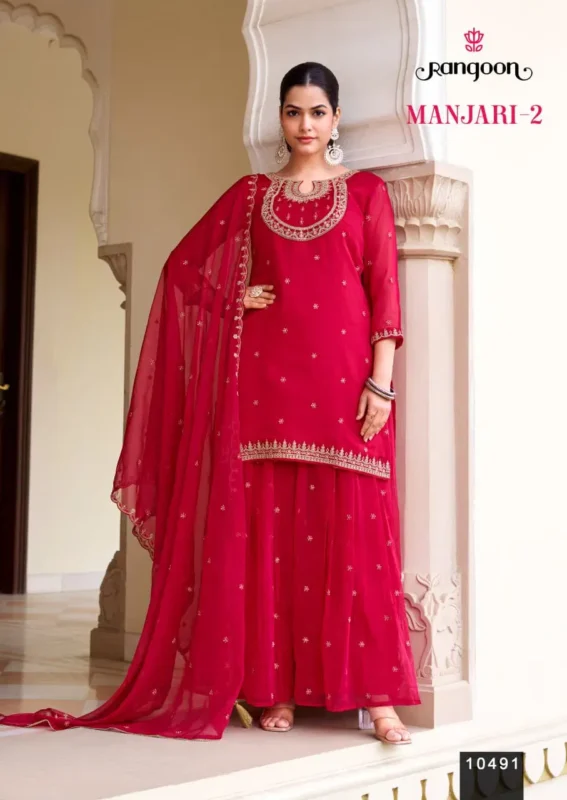 Stylish Rangoon Manjari Vol 02 Chiffon With Fancy Code Worked Kurti Plazzo And Dupatta Wholesale 2026