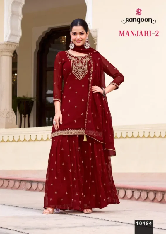 Stylish Rangoon Manjari Vol 02 Chiffon With Fancy Code Worked Kurti Plazzo And Dupatta Wholesale 2026