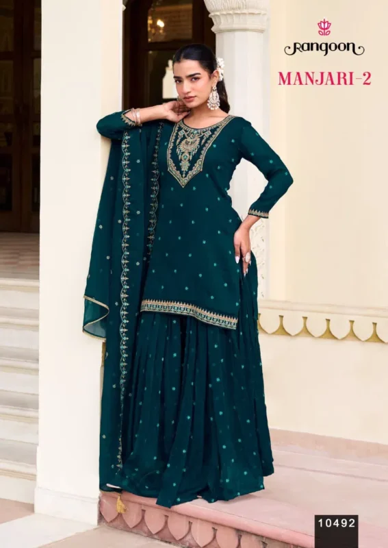 Stylish Rangoon Manjari Vol 02 Chiffon With Fancy Code Worked Kurti Plazzo And Dupatta Wholesale 2026