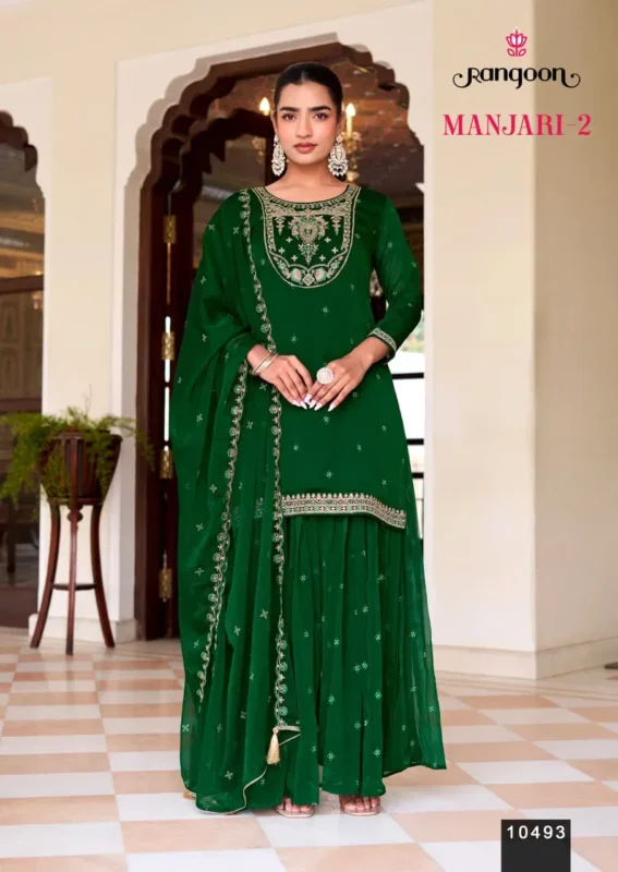Stylish Rangoon Manjari Vol 02 Chiffon With Fancy Code Worked Kurti Plazzo And Dupatta Wholesale 2026