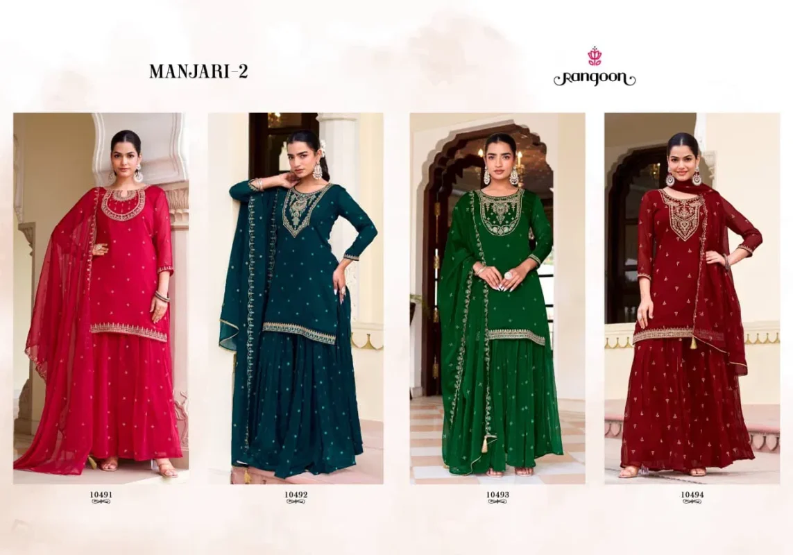 Stylish Rangoon Manjari Vol 02 Chiffon With Fancy Code Worked Kurti Plazzo And Dupatta Wholesale 2026
