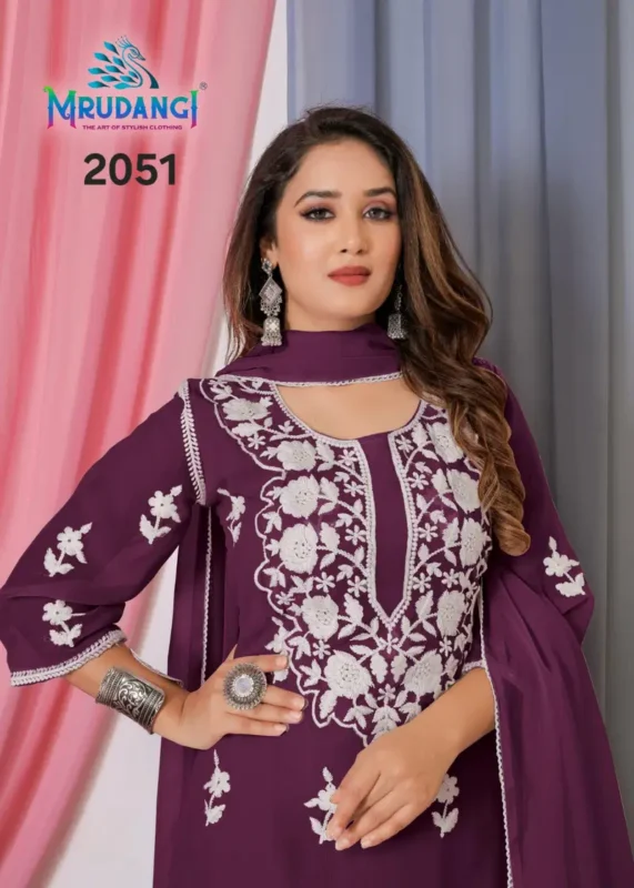 Stylish Mrudangi Noor 2 Bemberg Georgette With Cotton Thread Embroidered Kurti With Bottom Dupatta Collection Wholesale 2026