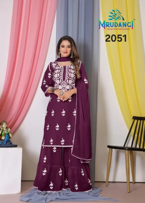 Stylish Mrudangi Noor 2 Bemberg Georgette With Cotton Thread Embroidered Kurti With Bottom Dupatta Collection Wholesale 2026