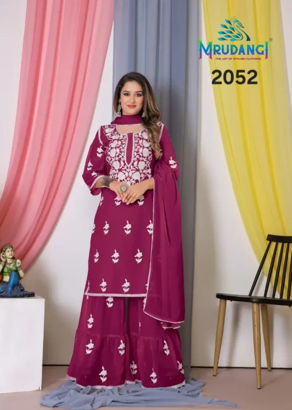 Stylish Mrudangi Noor 2 Bemberg Georgette With Cotton Thread Embroidered Kurti With Bottom Dupatta Collection Wholesale 2026