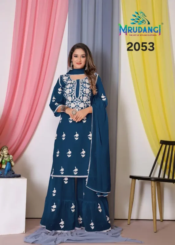 Stylish Mrudangi Noor 2 Bemberg Georgette With Cotton Thread Embroidered Kurti With Bottom Dupatta Collection Wholesale 2026