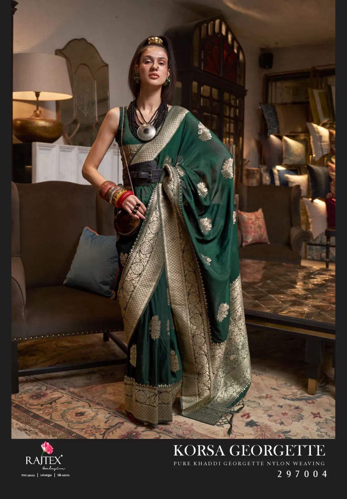 Latest Rajtex Korssa Georgette Khadi Georgette Handloom Weaving Saree Collection Wholesale 2026