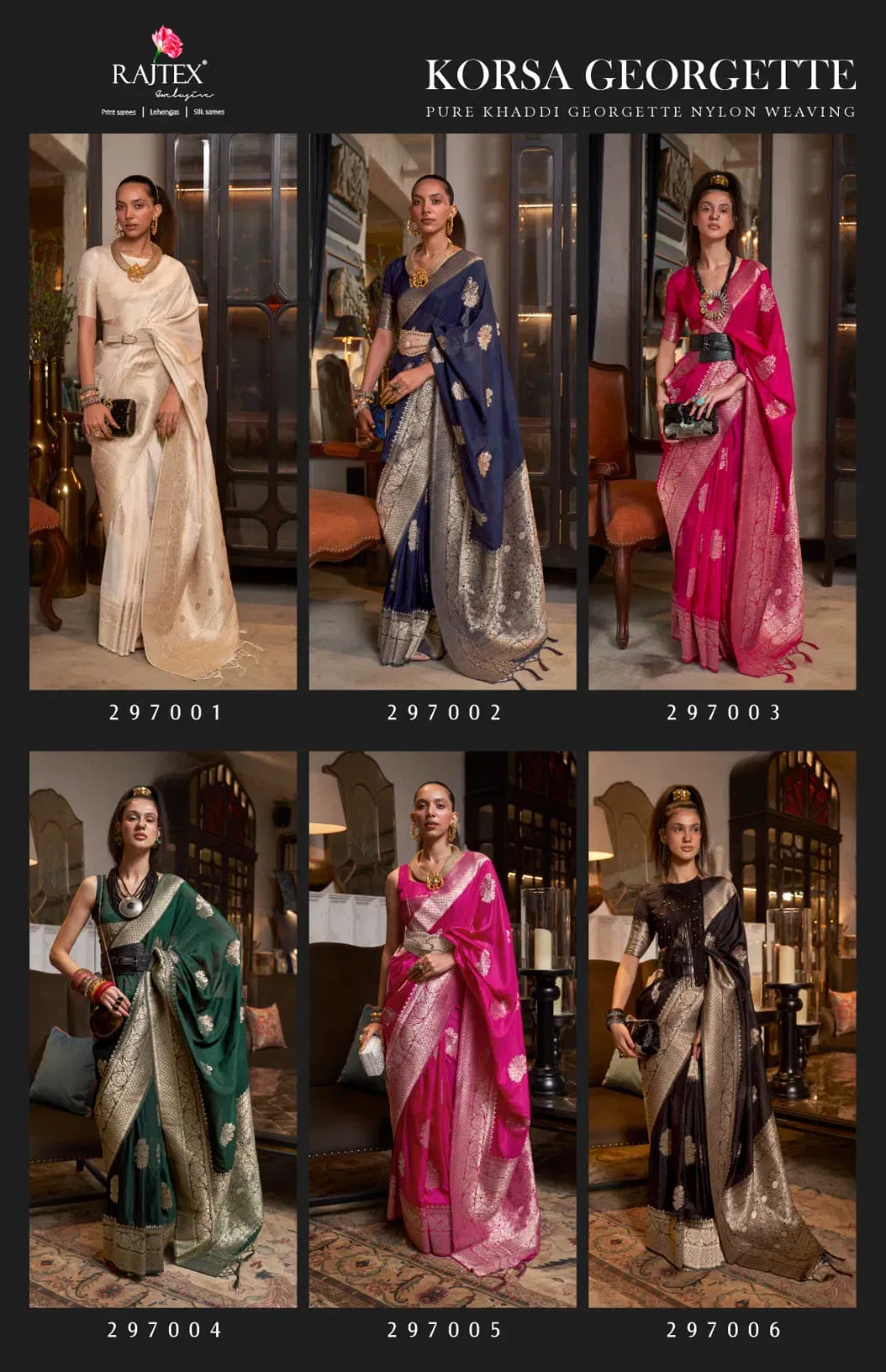 Latest Rajtex Korssa Georgette Khadi Georgette Handloom Weaving Saree Collection Wholesale 2026