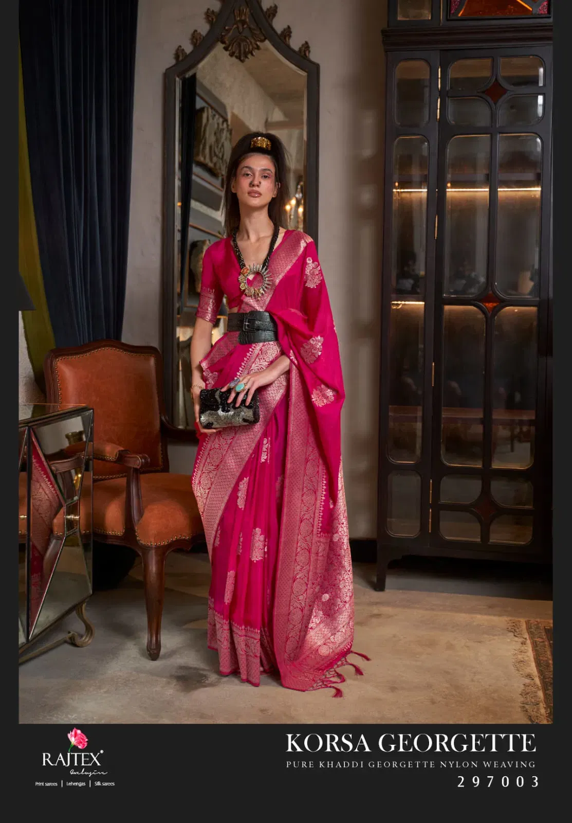 Latest Rajtex Korssa Georgette Khadi Georgette Handloom Weaving Saree Collection Wholesale 2026