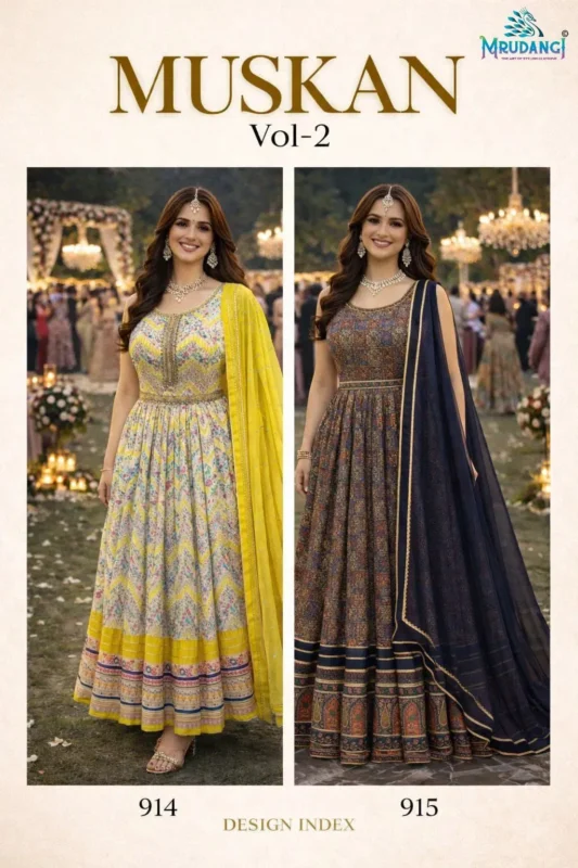 Stylish Mrudangi Muskan Vol 2 Soft Dola Silk Printed With Handworked Gown With Dupatta Collection Wholesale 2026