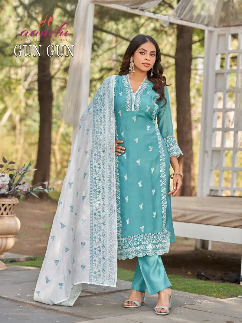 Launching Aanchi Gun Gun Mal Chanderi Embroidered Kurti With Bottom Dupatta Wholesale 2026