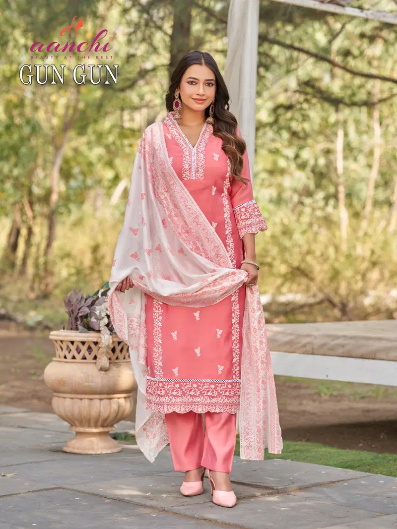 Launching Aanchi Gun Gun Mal Chanderi Embroidered Kurti With Bottom Dupatta Wholesale 2026