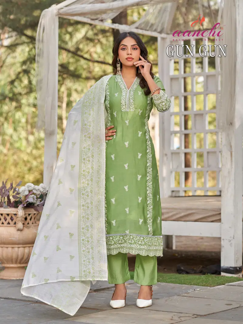 Launching Aanchi Gun Gun Mal Chanderi Embroidered Kurti With Bottom Dupatta Wholesale 2026