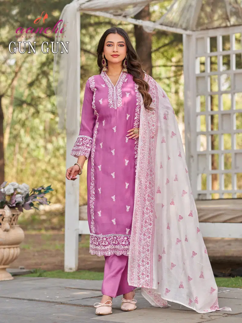 Launching Aanchi Gun Gun Mal Chanderi Embroidered Kurti With Bottom Dupatta Wholesale 2026