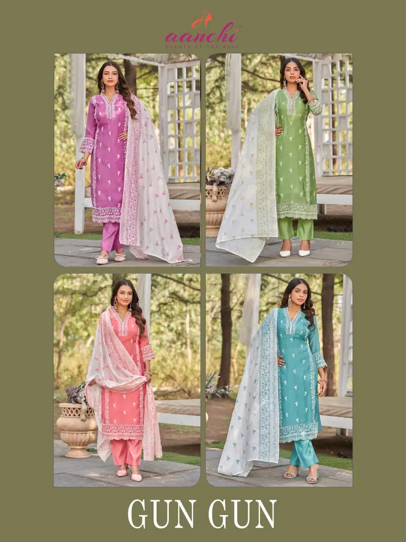 Launching Aanchi Gun Gun Mal Chanderi Embroidered Kurti With Bottom Dupatta Wholesale 2026