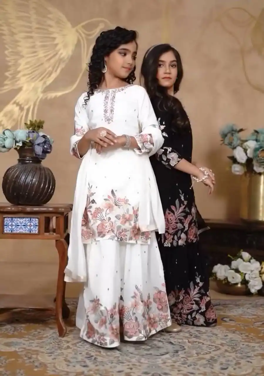 Baby 212 Chinon Silk Sharara Suit Black And White Kid Collection