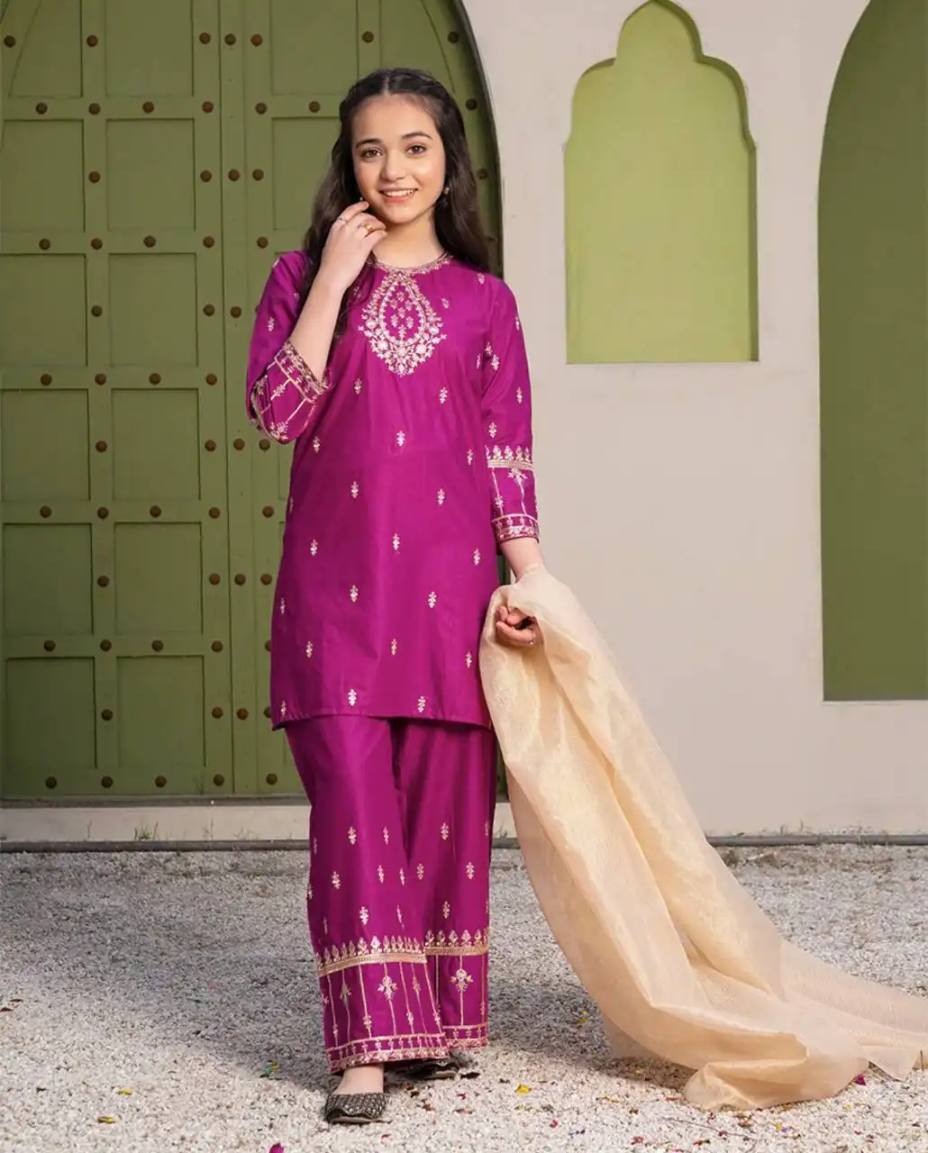 Baby 220 Natural Crep Silk Kurti Pant Dupatta Kid Wear Collection