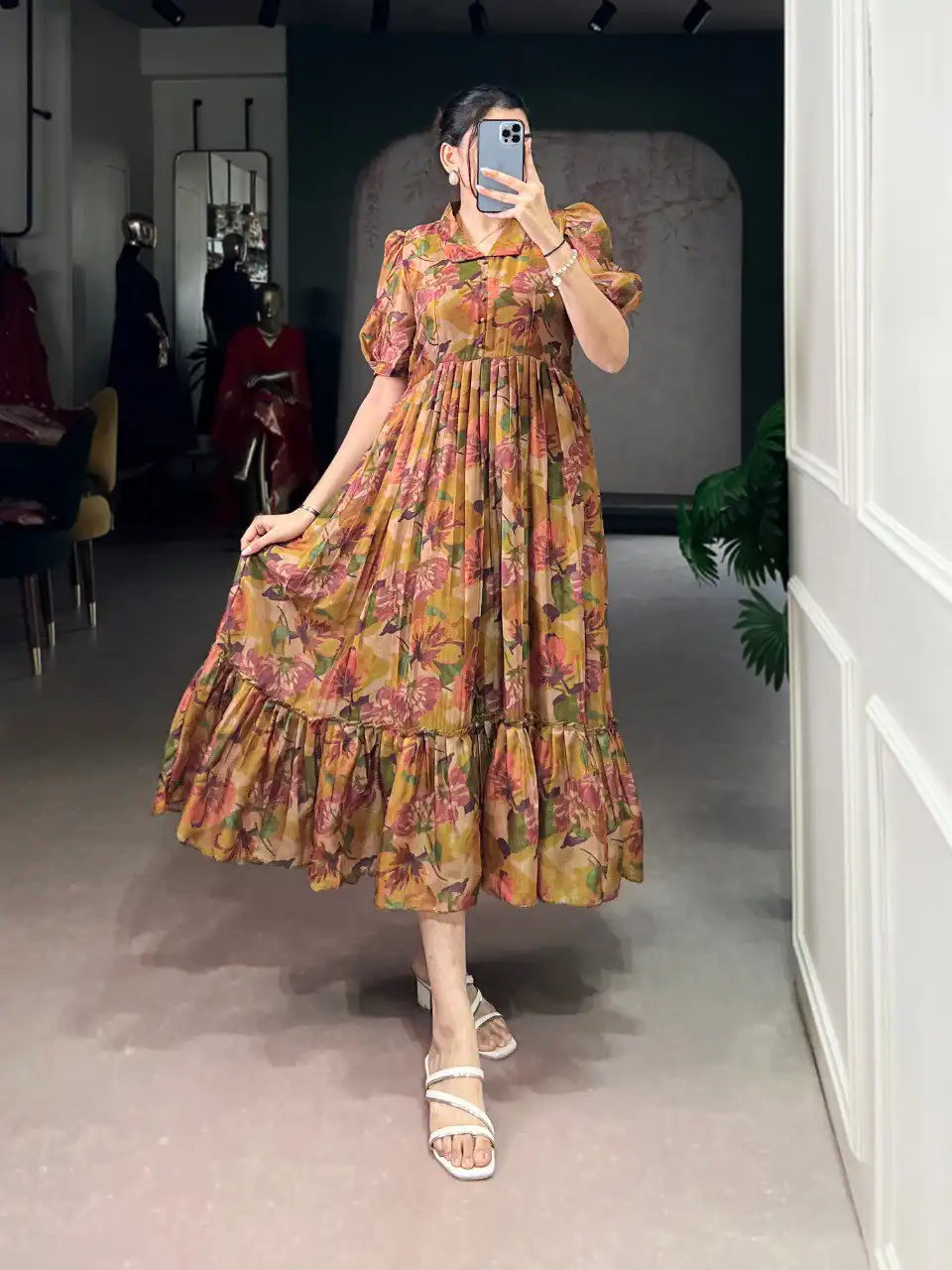 WMN 4505 Organza Floral Printed Frock Kurti Below 1000