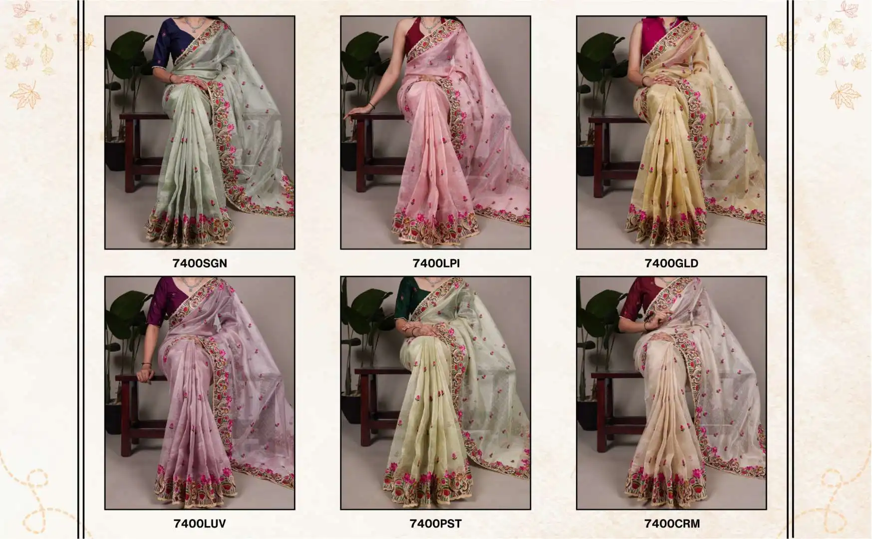 Stylish WMN 7400 Zari Kota Tissue Party Wear Sari 06 Pcs Set Wholesale 2026