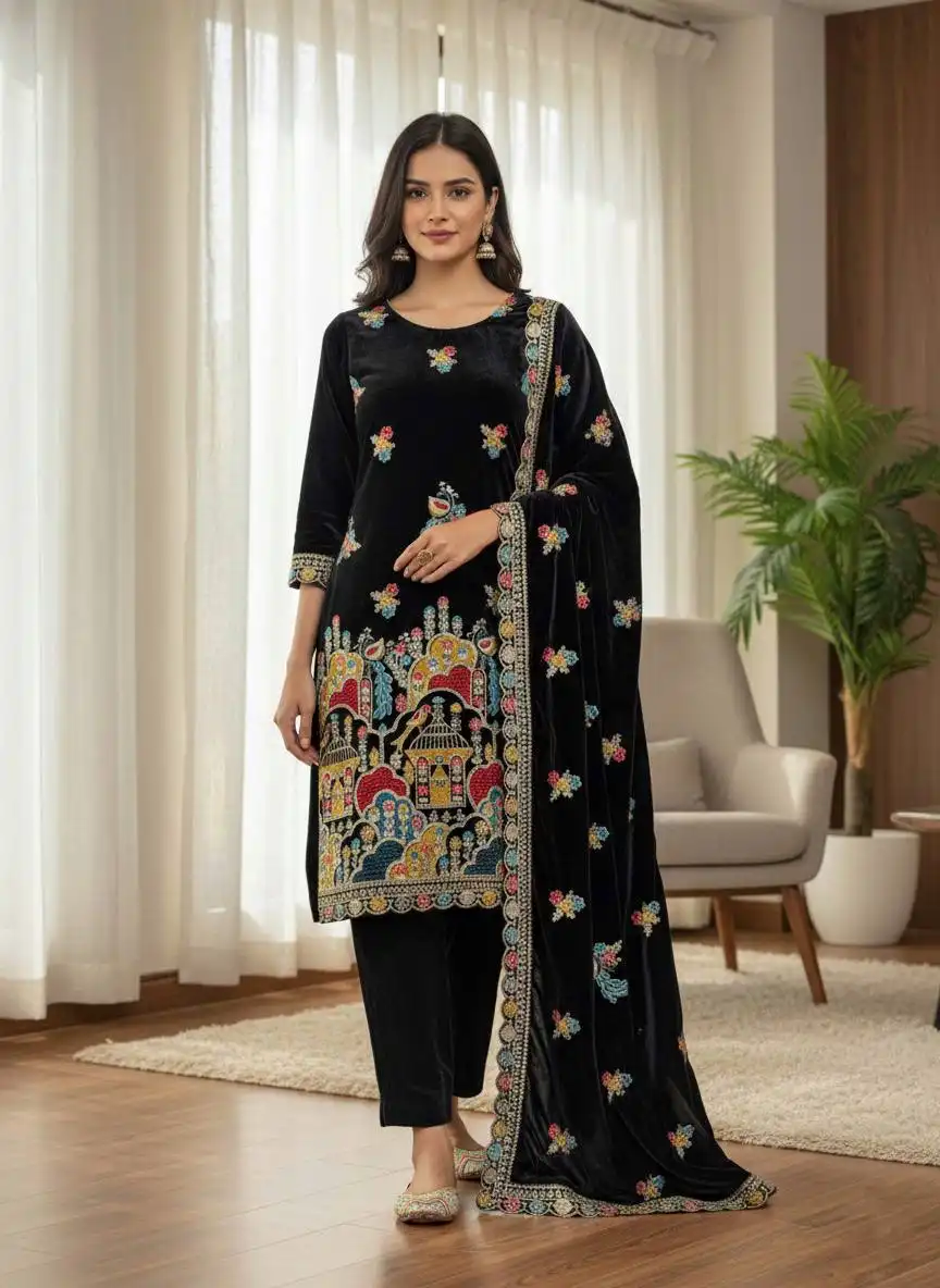 Sabina 5220 Viscose Velvet Readymade Dress 04 Pcs Set