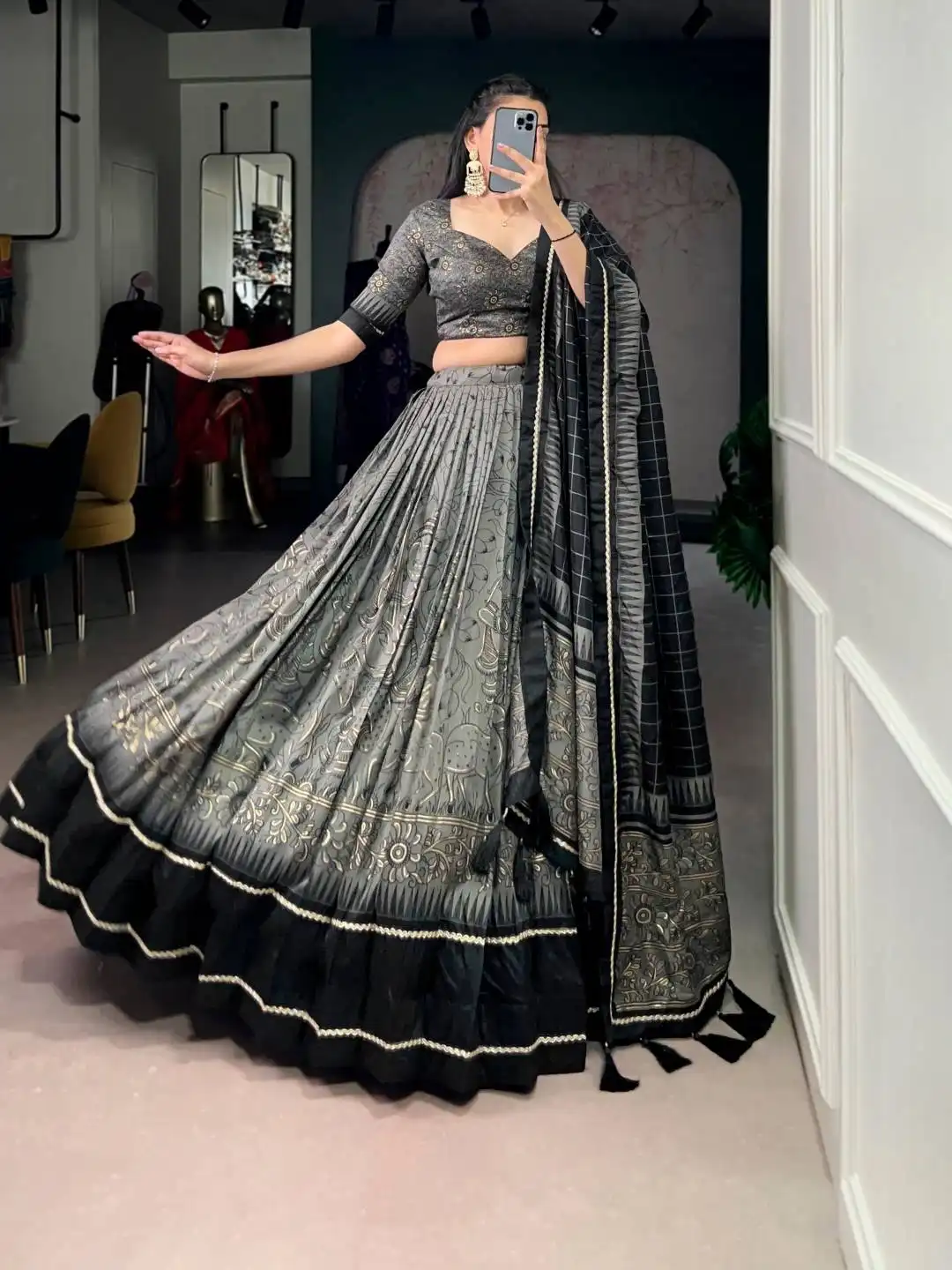 WMN 1206 Kalamkari Print Lehenga Choli in Tasar Silk