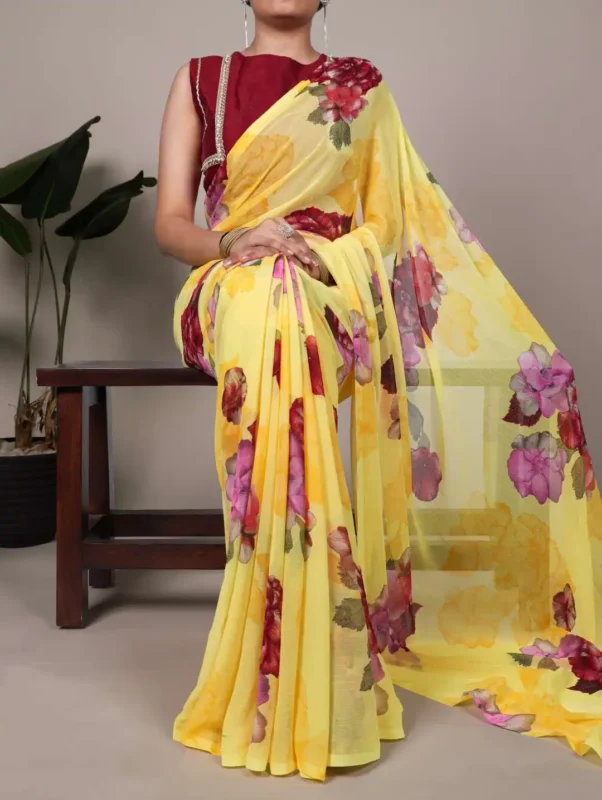 Buy WMN 7009 Chiffon Floral Printed Saree 04 Pcs Set Wholesale 2026