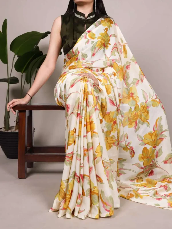 Buy WMN 7008 Satin Silk Floral Printed Saree 04 Pcs Set Wholesale 2026