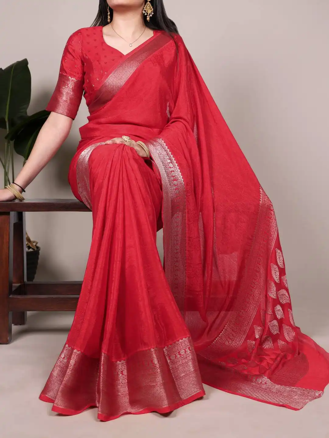 WMN 7916 Chinon Printed Zari Weaving Work Sarees
