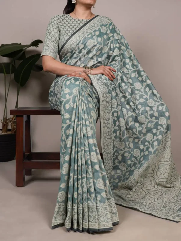 Latest WMN 8004 Cotton Silk Flower Print Saree with Unstitched Blouse Manufacturers in Surat Wholesale 2026