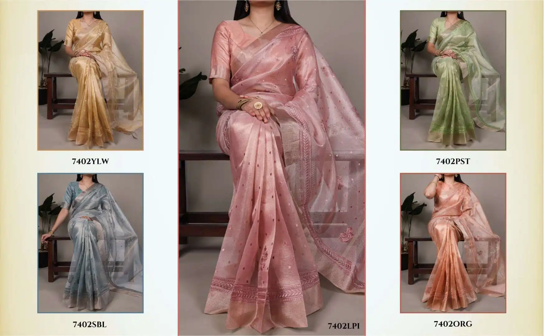 Launching WMN 7402 Poly Shimmer Embroidery Saree 05 Pcs Set Wholesale 2026