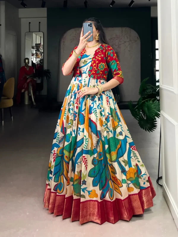 Stylish WMN 5035 Tasar Silk Kalamkari Printed Weaving Gown Wholesale 2026