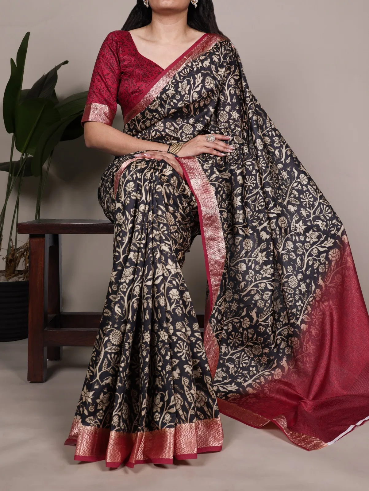 WMN 7055 Tasar Silk Printed Saree With Viscose Border
