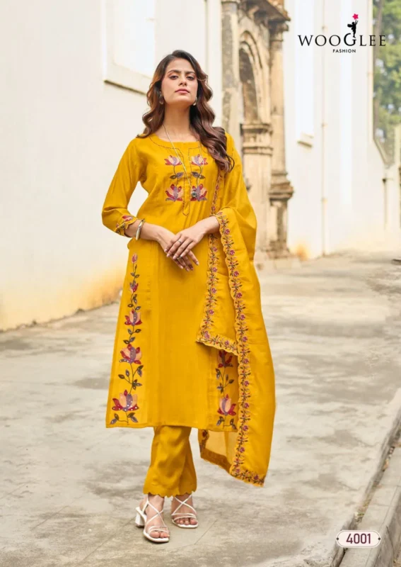 Launching Wooglee Rudrika Viscose Weaving Thread Worked Kurti With Bottom Dupatta Wholesale 2026