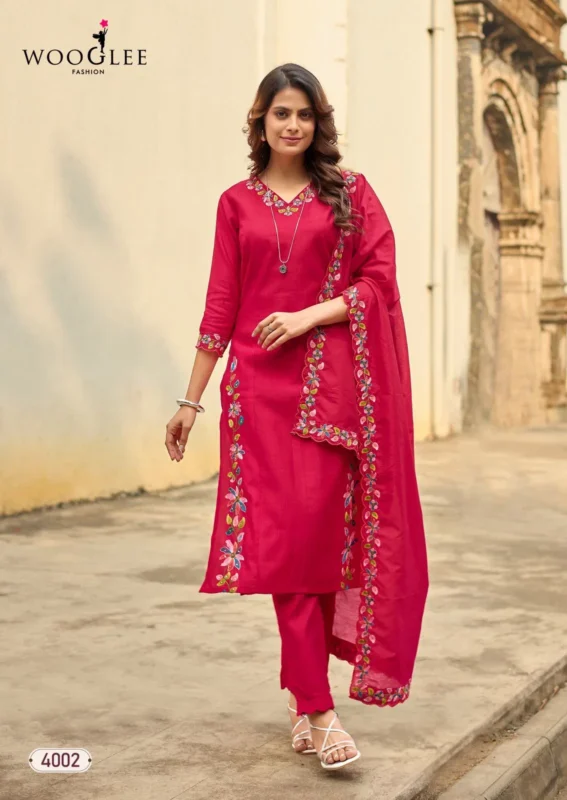 Launching Wooglee Rudrika Viscose Weaving Thread Worked Kurti With Bottom Dupatta Wholesale 2026