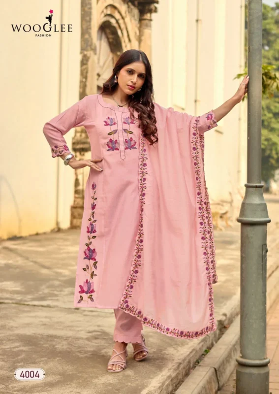 Launching Wooglee Rudrika Viscose Weaving Thread Worked Kurti With Bottom Dupatta Wholesale 2026