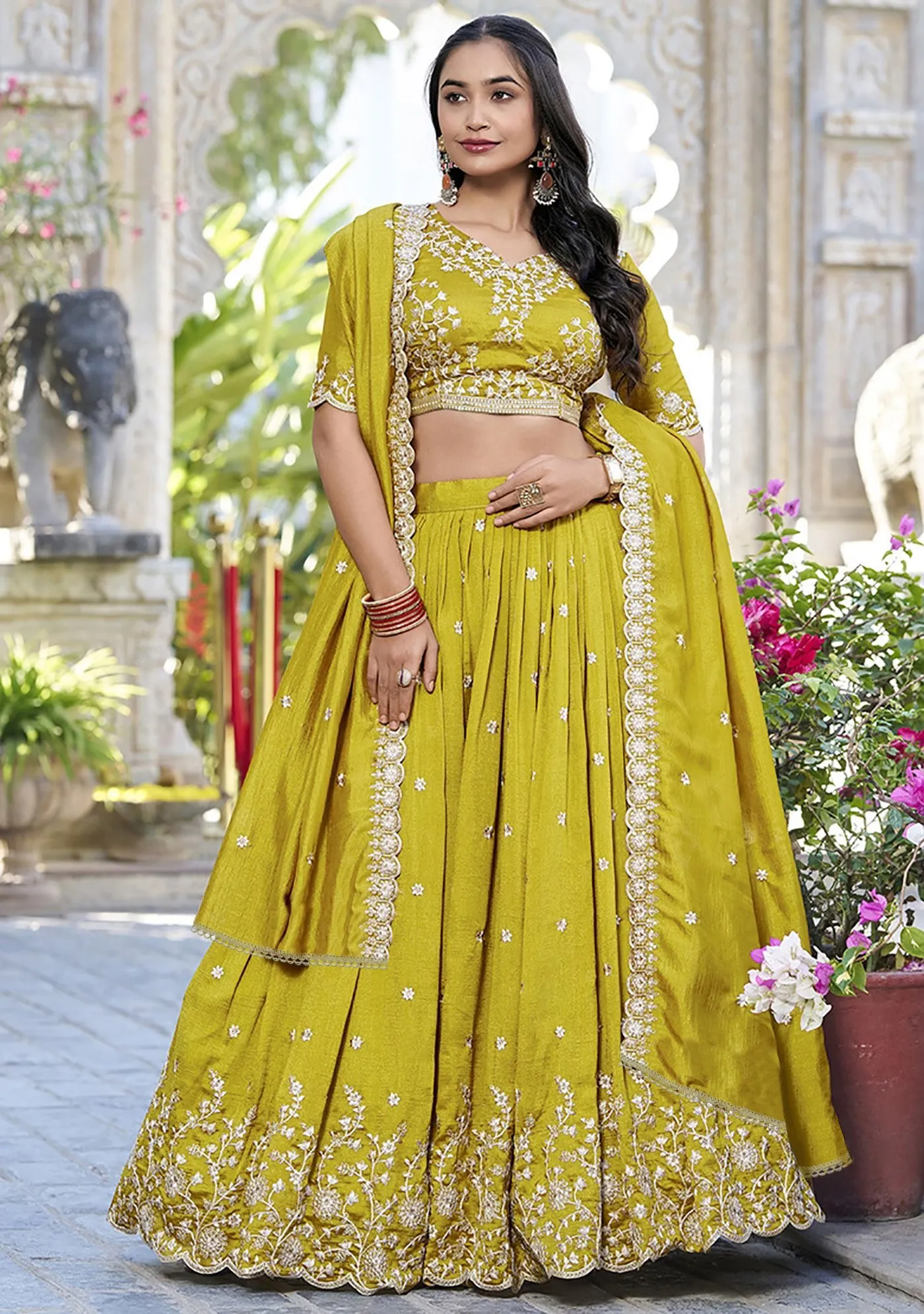 FFD Chinon Wedding Wear Olive Color Lehenga Choli Wholesale