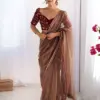 FFD Kitket Net Emboidery Brown Party Wear Saree Wholesale