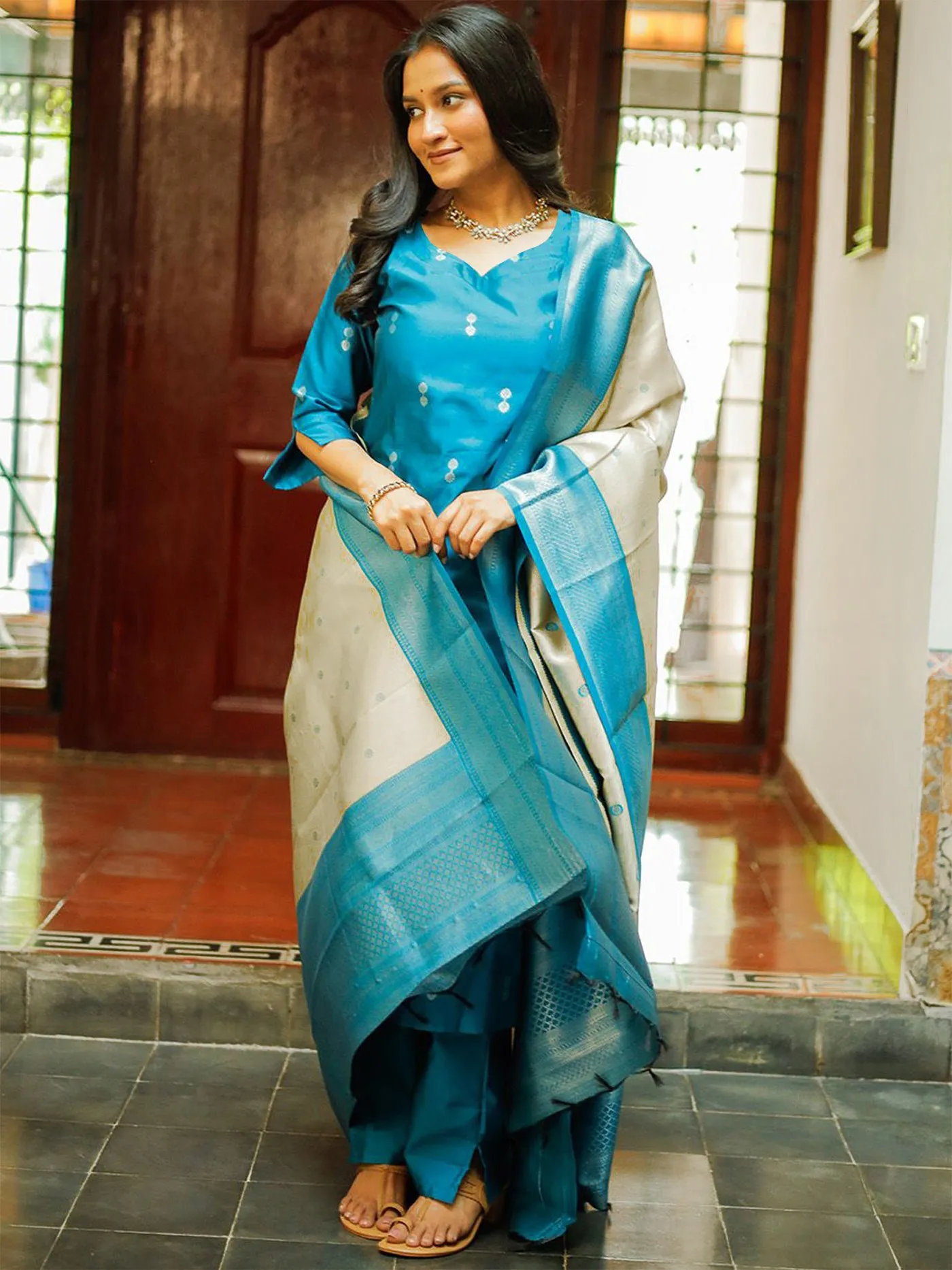 FFD Jacquard Weaving Sky Blue Readymade Dress Wholesale