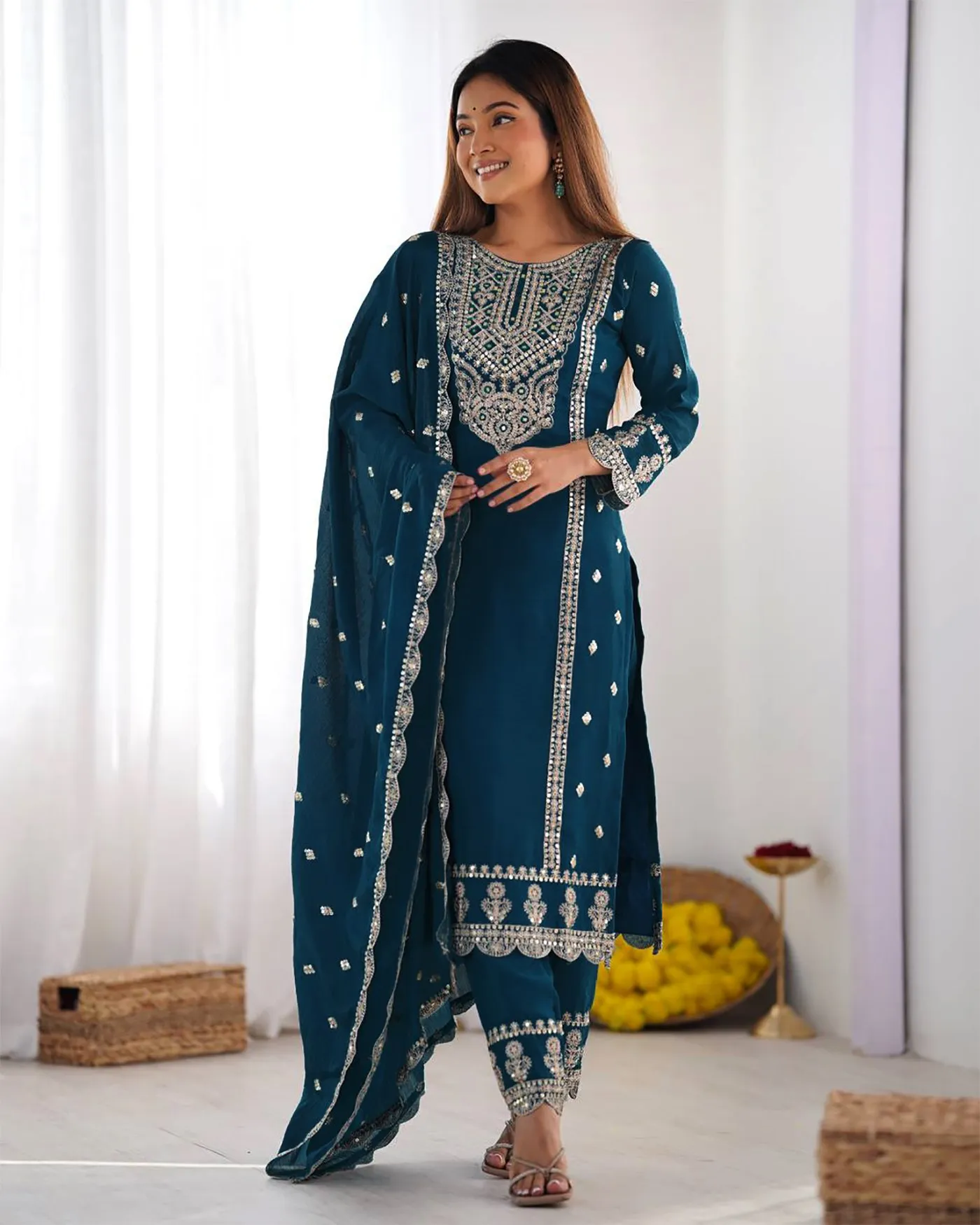 FFD Tesla Embroidery Cerulean Color Readymade Dress Wholesale