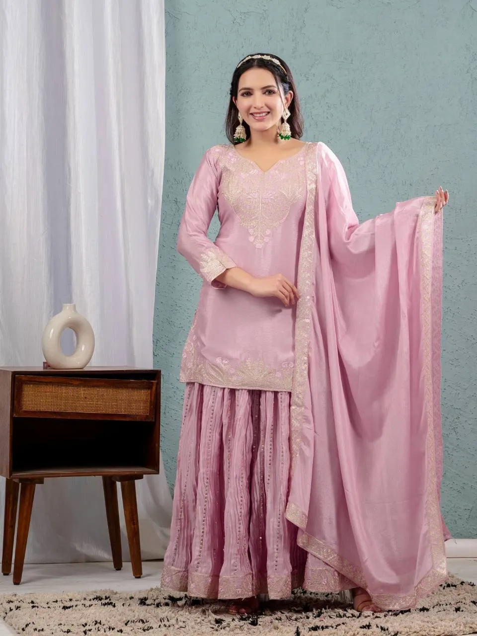 NFD 5023 Chinon Silk Embroidery Party Wear Sharara Suit Wholesale