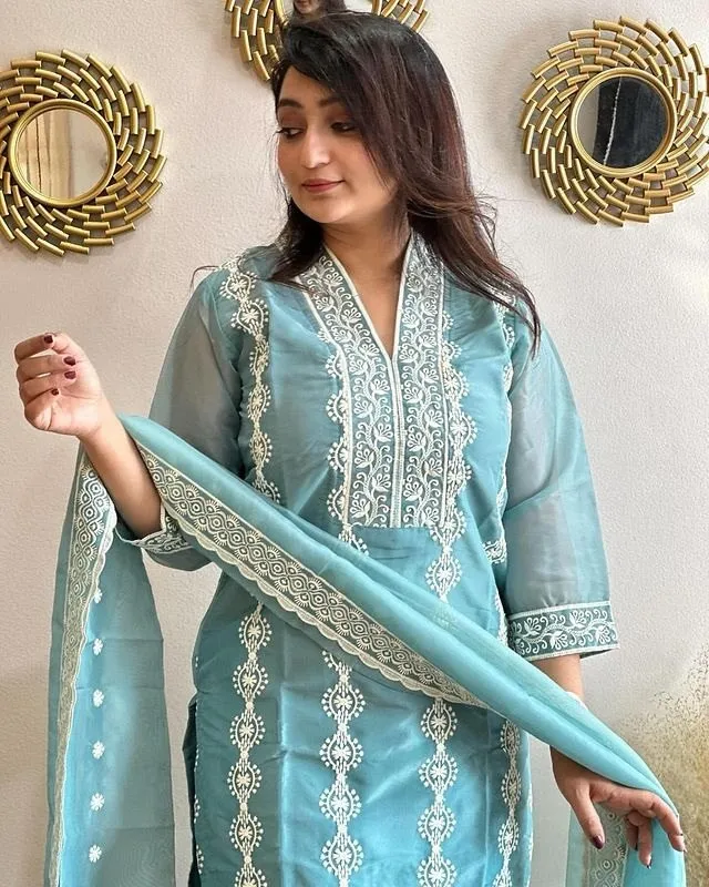 Stylish FFD Vichitra Embroidery Sky Blue Readymade Dress Wholesale 2026