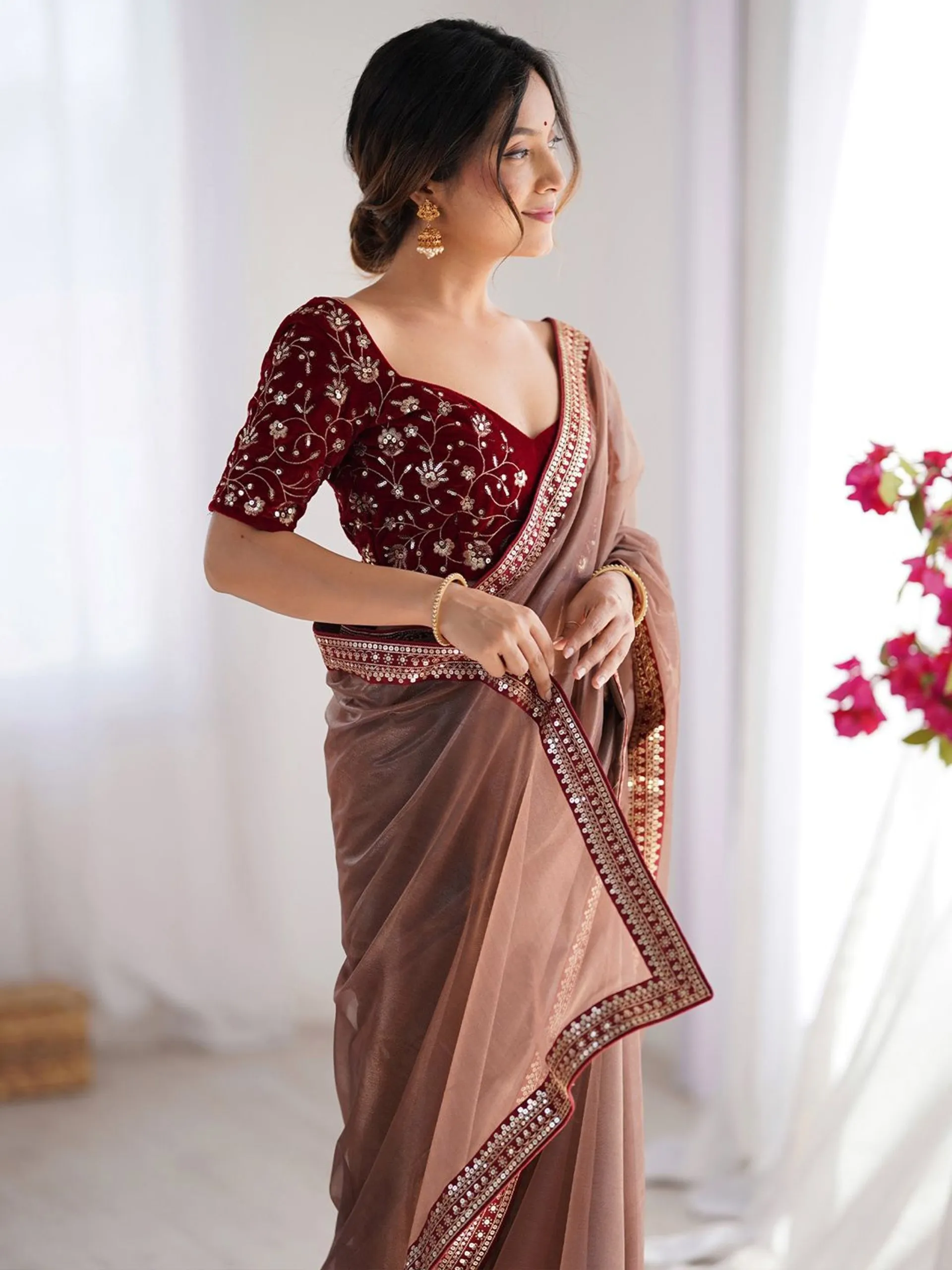 Stylish FFD Kitket Net Emboidery Brown Party Wear Saree Wholesale 2026