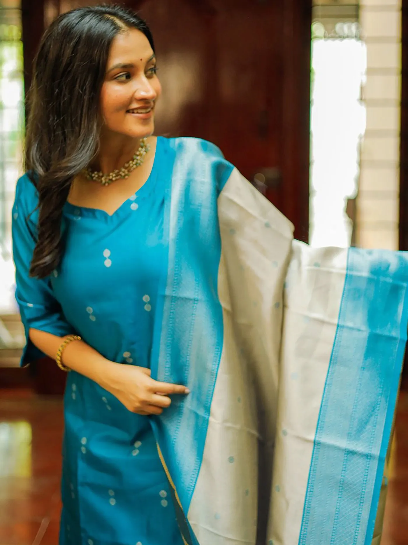 Latest FFD Jacquard Weaving Sky Blue Readymade Dress Wholesale 2026
