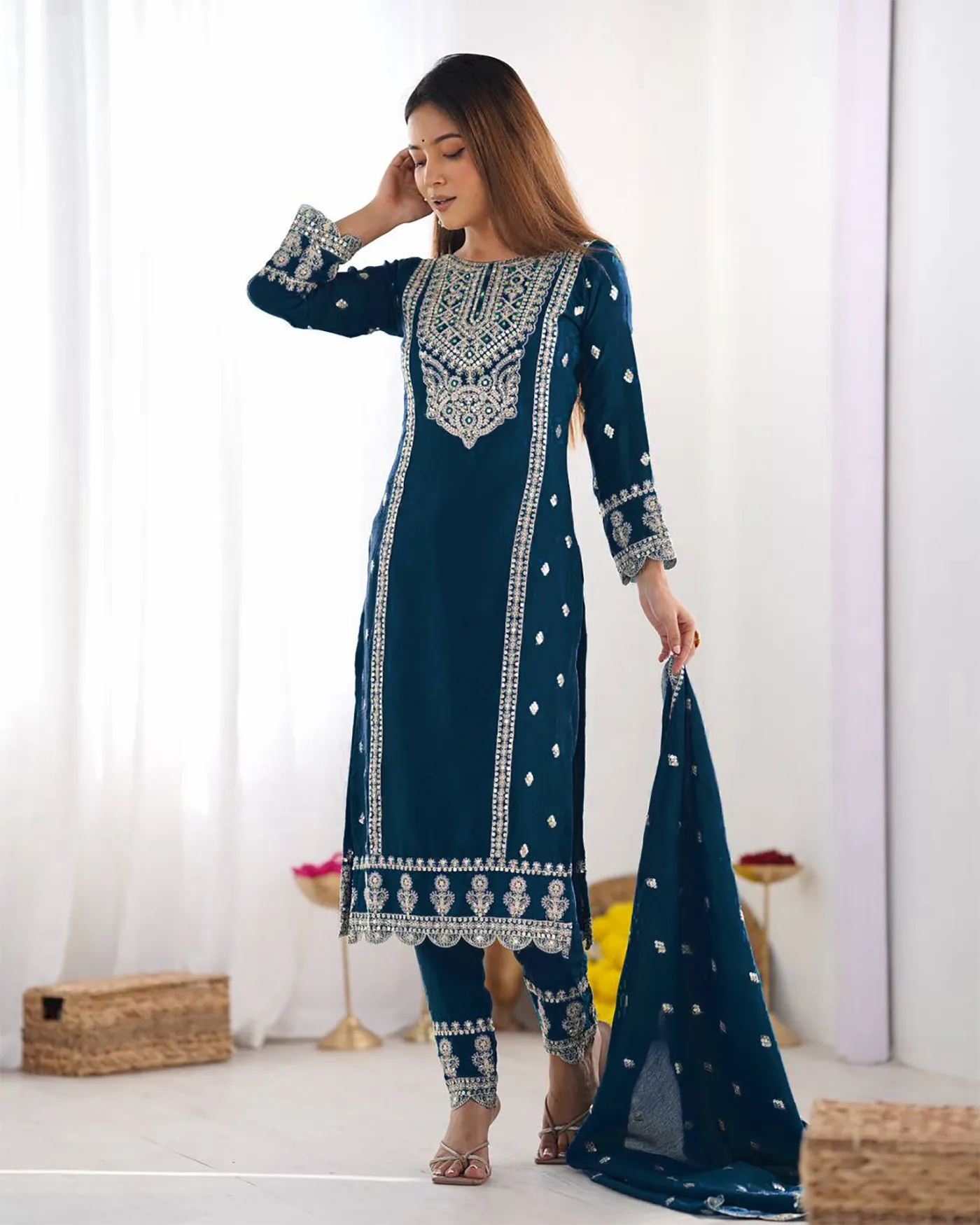 Buy FFD Tesla Embroidery Cerulean Color Readymade Dress Wholesale 2026
