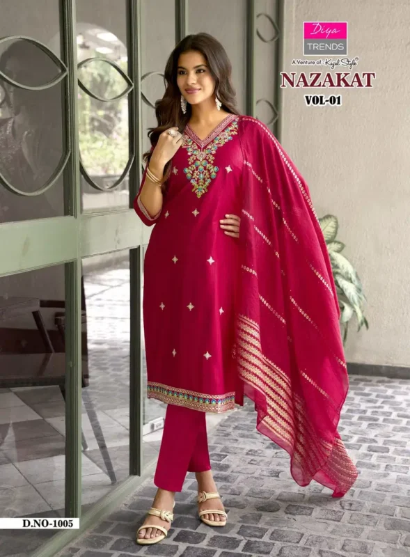Buy Nazakat Vol 1 By Diya Trends Barlin Embroidered Kurti With Bottom Dupatta Wholesale 2026