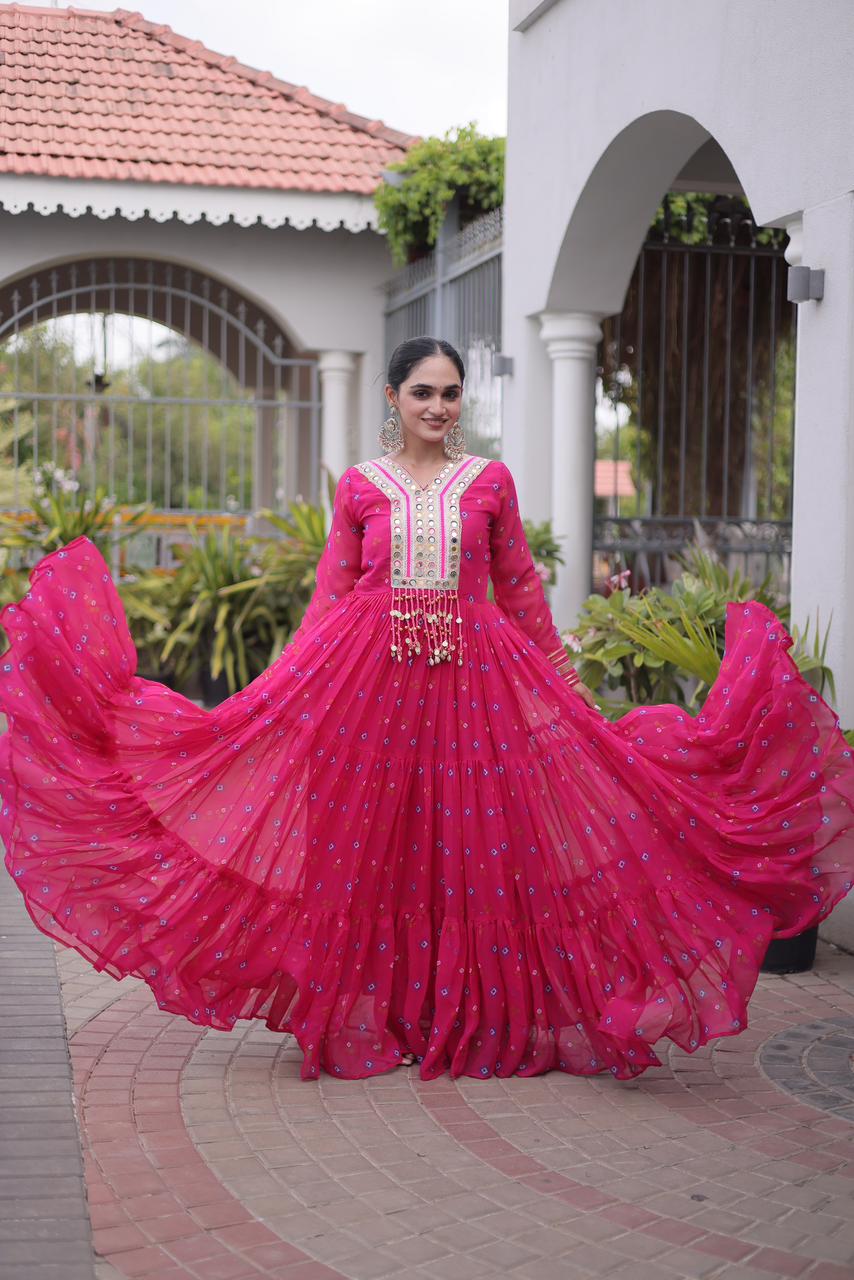 Lekha KA 1265 Faux Georgette Leheriya Print With Kutchi Patchwork Navratri Special Gown Wholesale