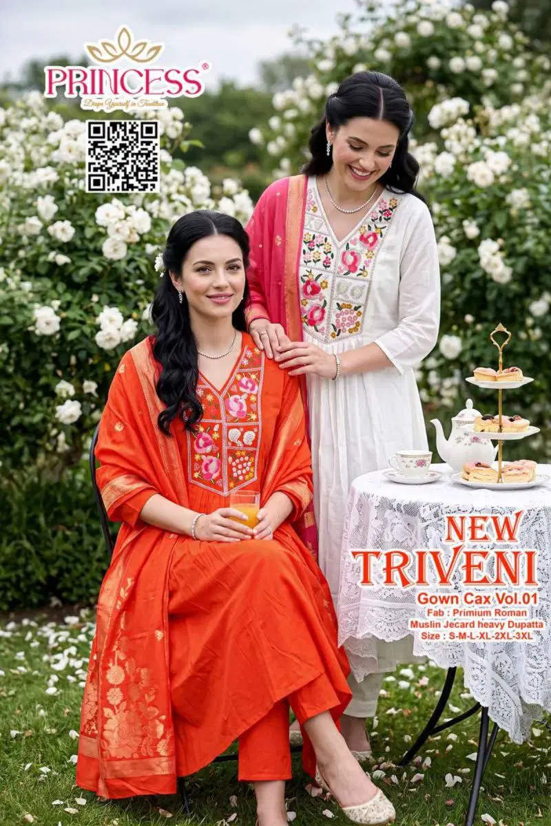 Princess New Triveni Roman Silk Embroidered Kurti Set Collection Wholesale
