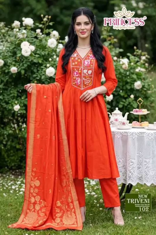Buy Princess New Triveni Roman Silk Embroidered Kurti Set Collection Wholesale 2026