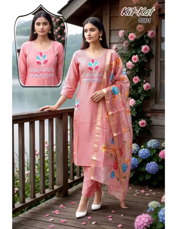 Latest Kit Kat 1 Roman Silk Embroidered Kurti With Bottom Dupatta Wholesale 2026